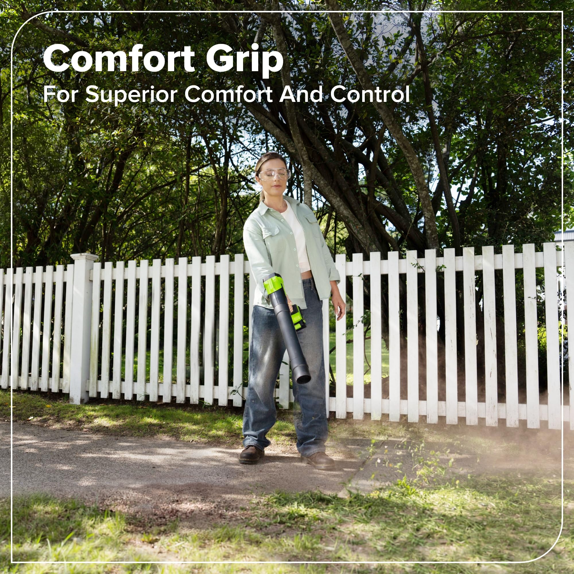 Greenworks comparado con mano para mostrar tamaño compacto y control
