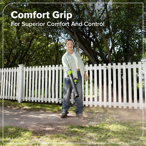Greenworks comparado con mano para mostrar tamaño compacto y control