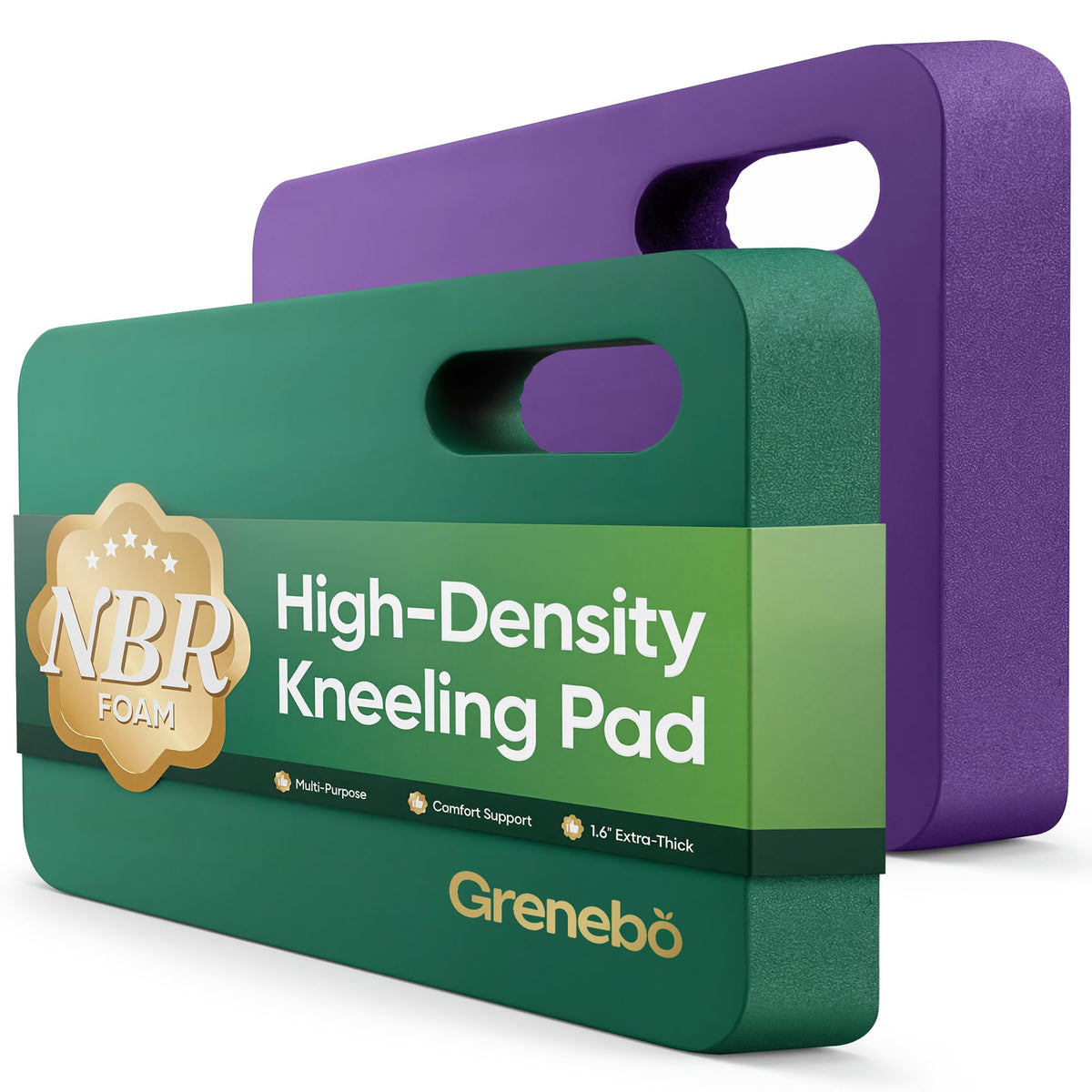 Grenebo vista frontal del par en colores verde y morado, protección cómoda