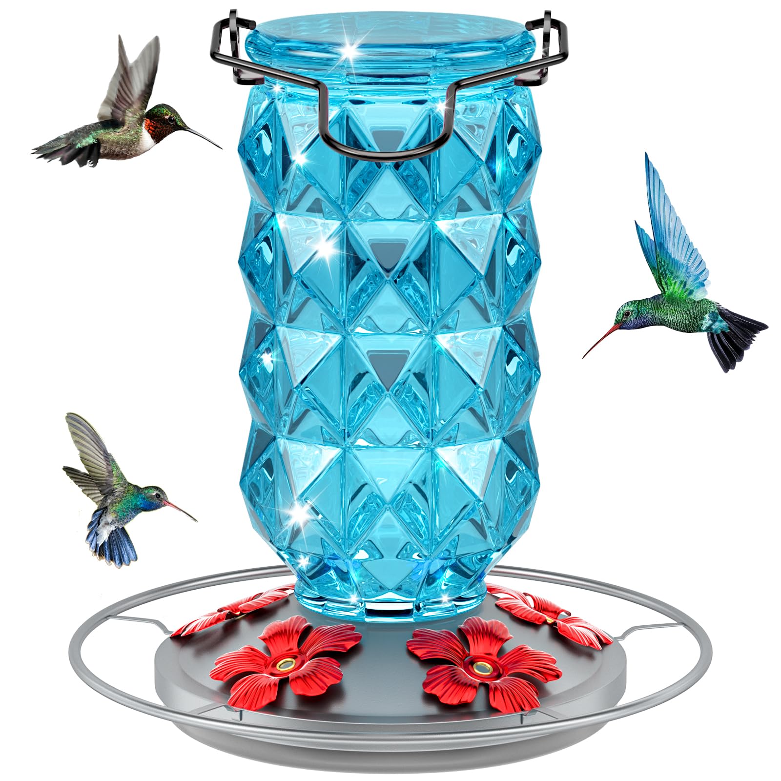 Grete Gotye comedero frontal de cristal mostrando capacidad y color azul para atraer colibríes