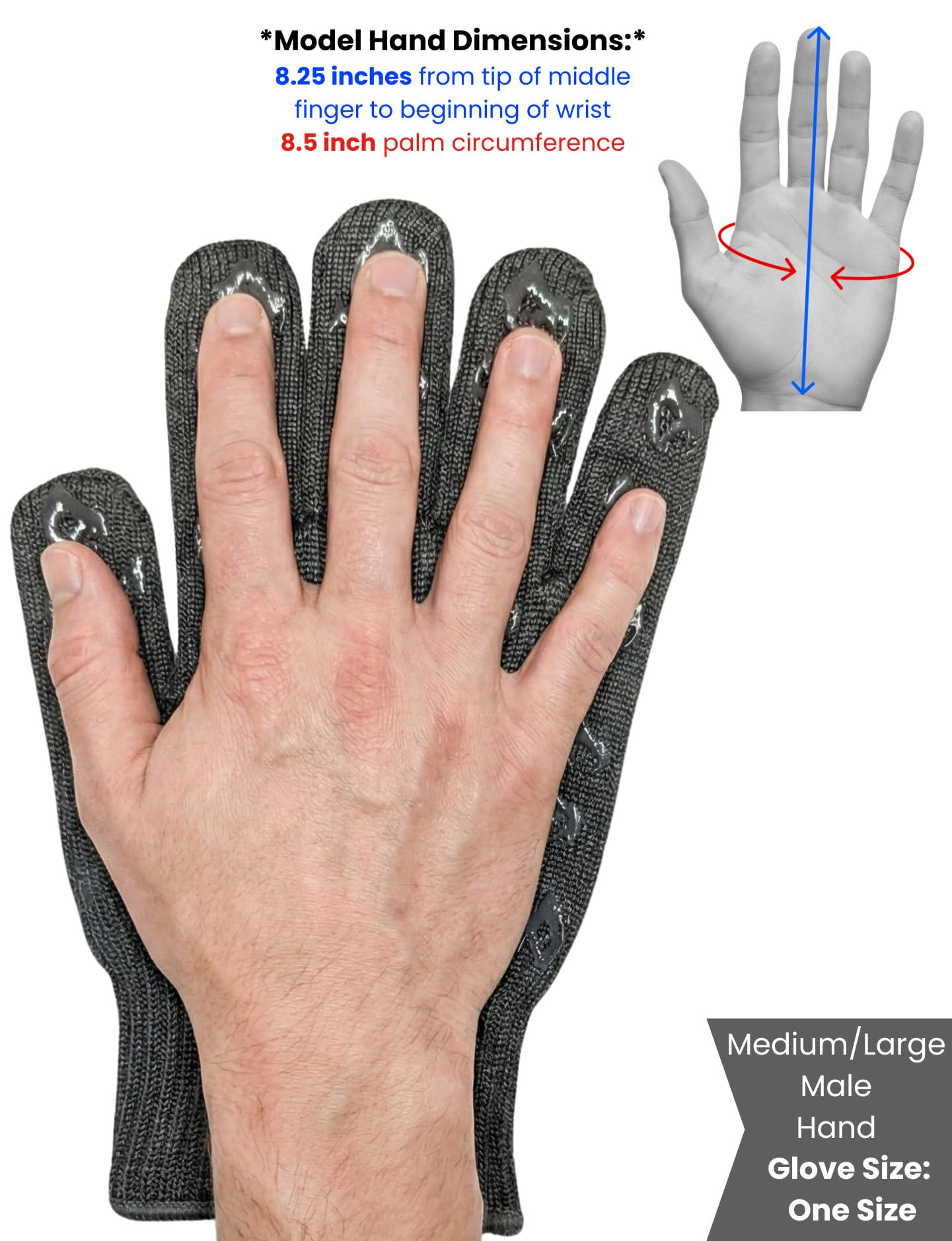 Grill Armor Gloves comparación de tamaño con una mano para referencia