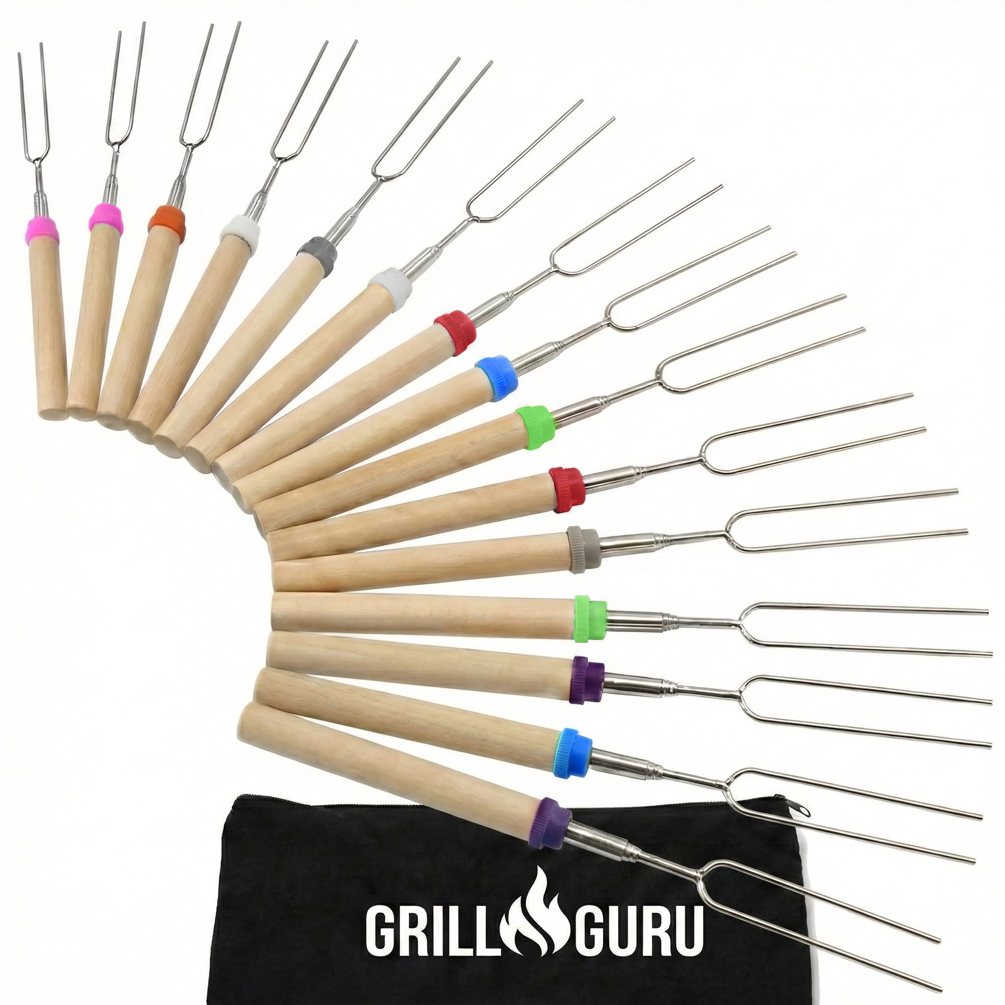 Grill Guru paquete frontal mostrando 15 palos telescópicos y funda, ideal para fogatas