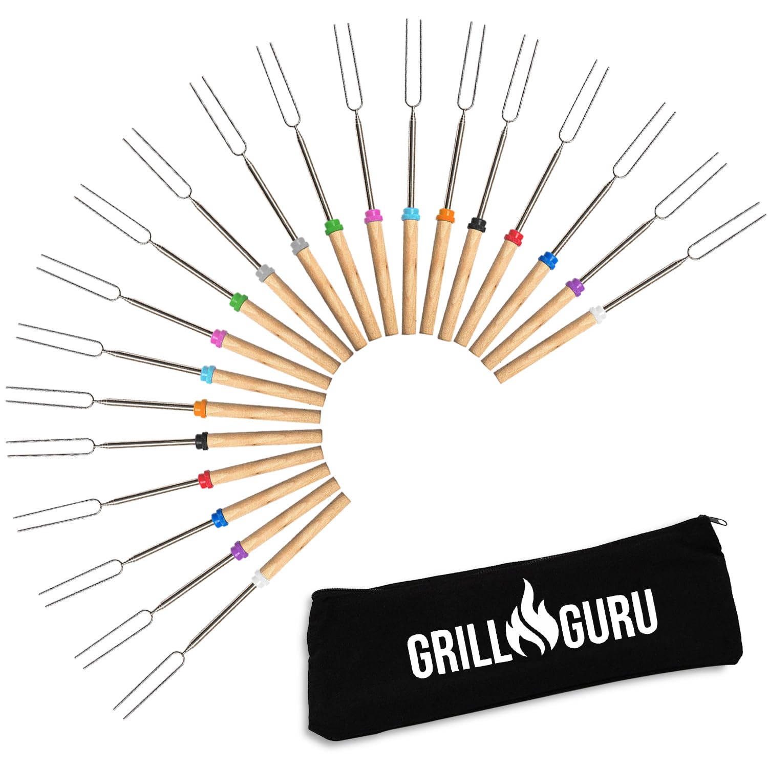 Grill Guru pack 20 mostrando palos listos para fogata y uso seguro