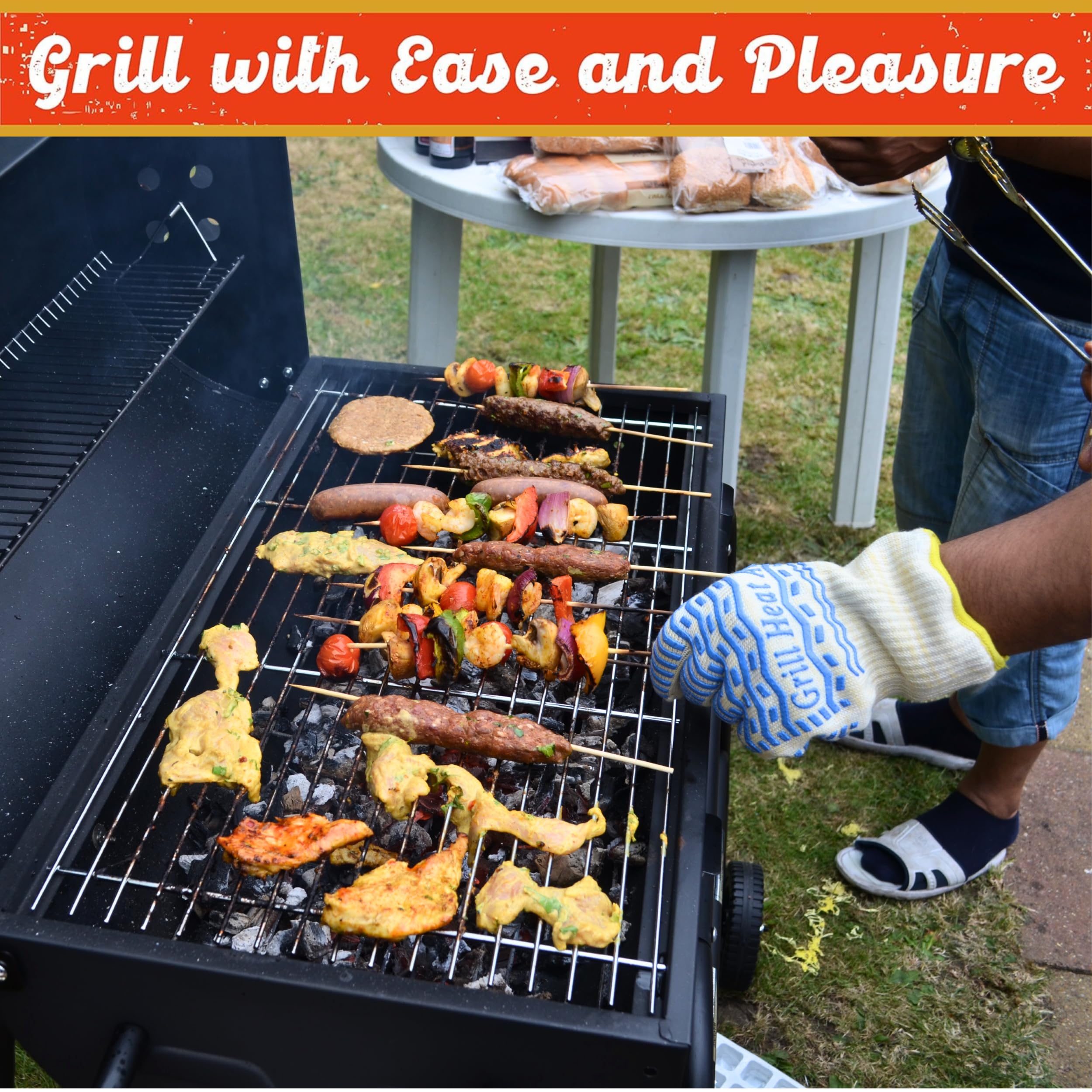 GRILL HEAT AID guante junto a mano para comparar talla y alcance del puño