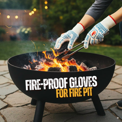 Grill Heat Aid manos usando guantes para voltear carne en la parrilla