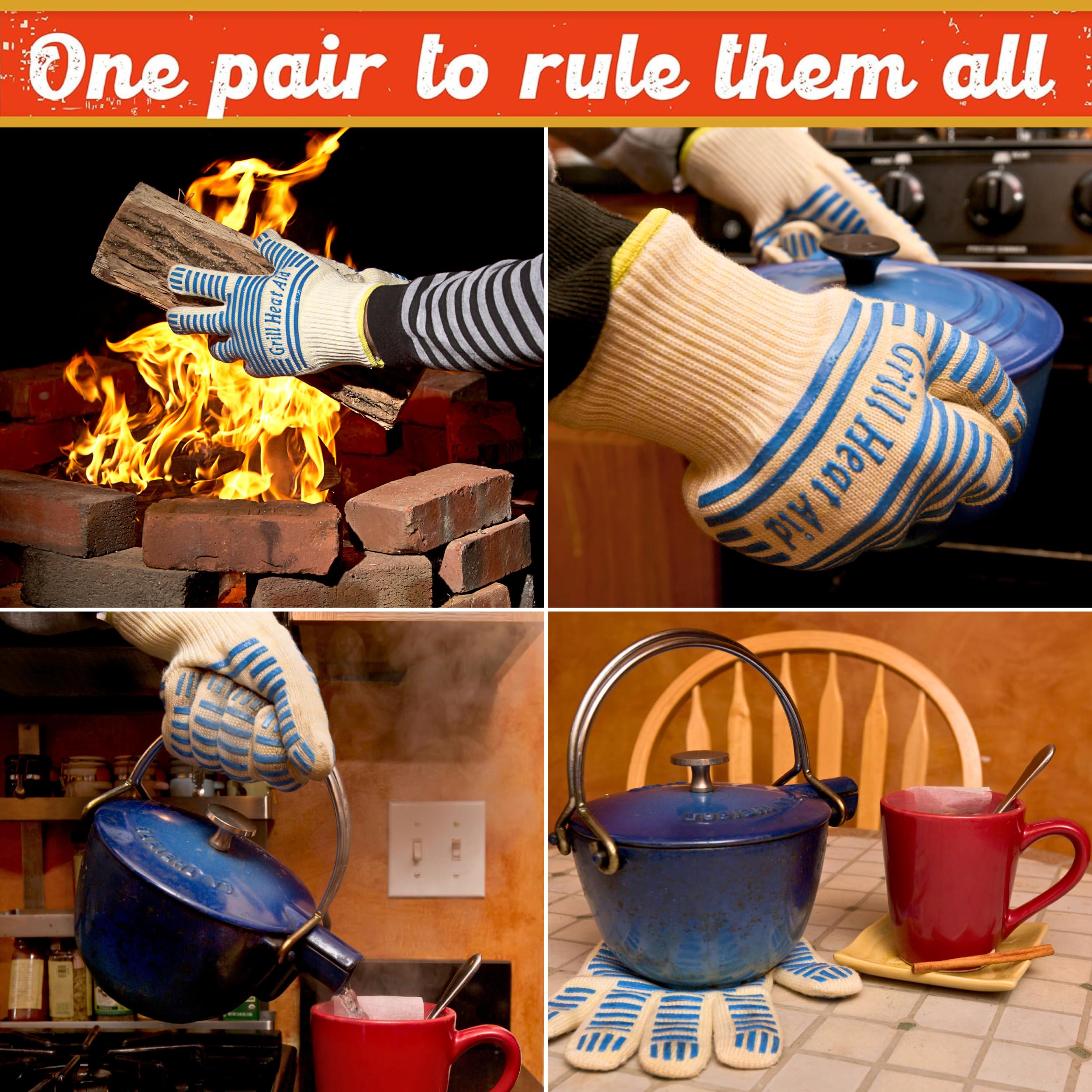 GRILL HEAT AID guantes en uso al voltear filetes sobre parrilla, control y seguridad