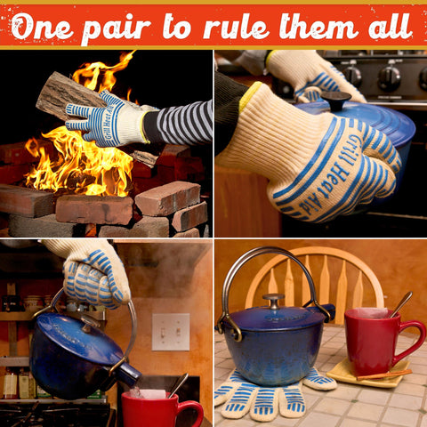 GRILL HEAT AID guantes en uso al voltear filetes sobre parrilla, control y seguridad