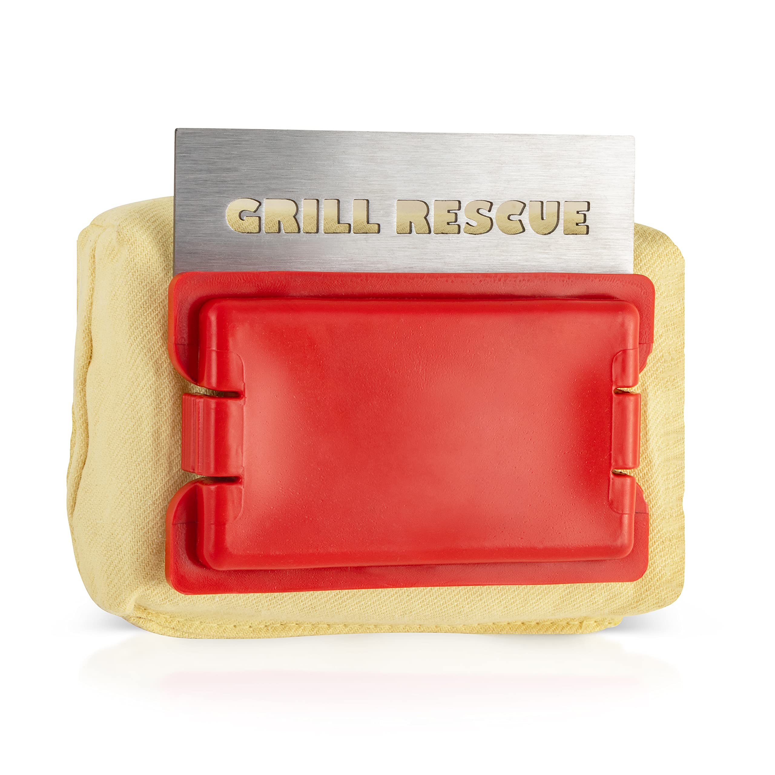 Grill Rescue frontal del empaque mostrando cabezal reemplazable y beneficios de seguridad