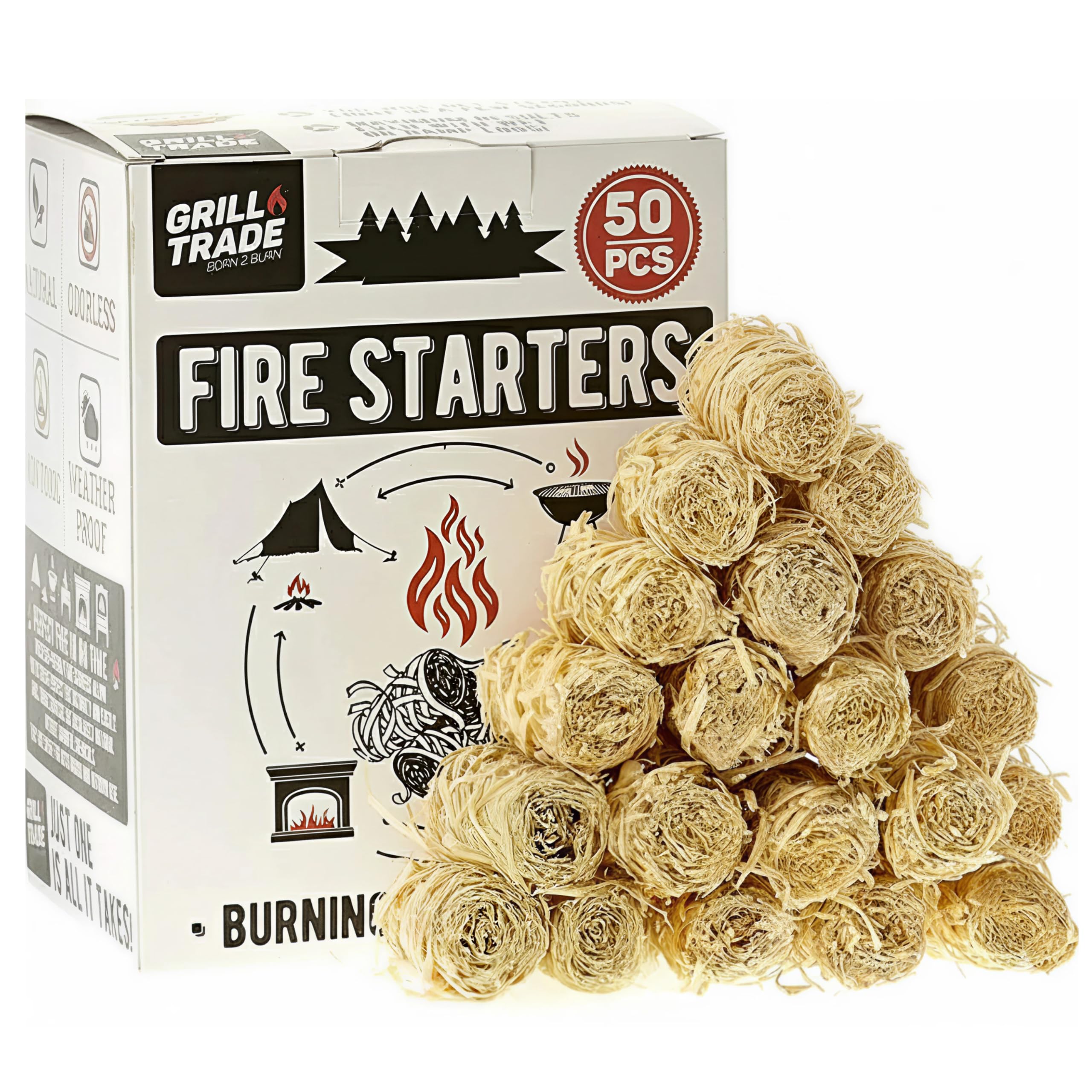 Grill Trade frontal del paquete mostrando 50 encendedores, práctico almacenamiento