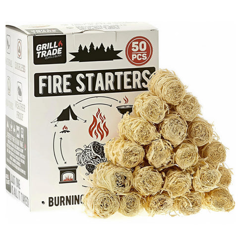 Grill Trade frontal del paquete mostrando 50 encendedores, práctico almacenamiento