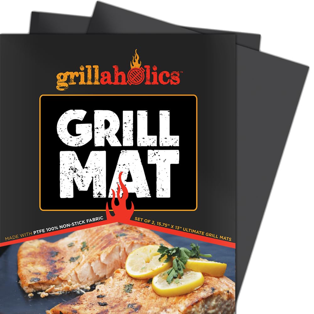 Grillaholics tapete frontal mostrando superficie antiadherente y protección de rejillas