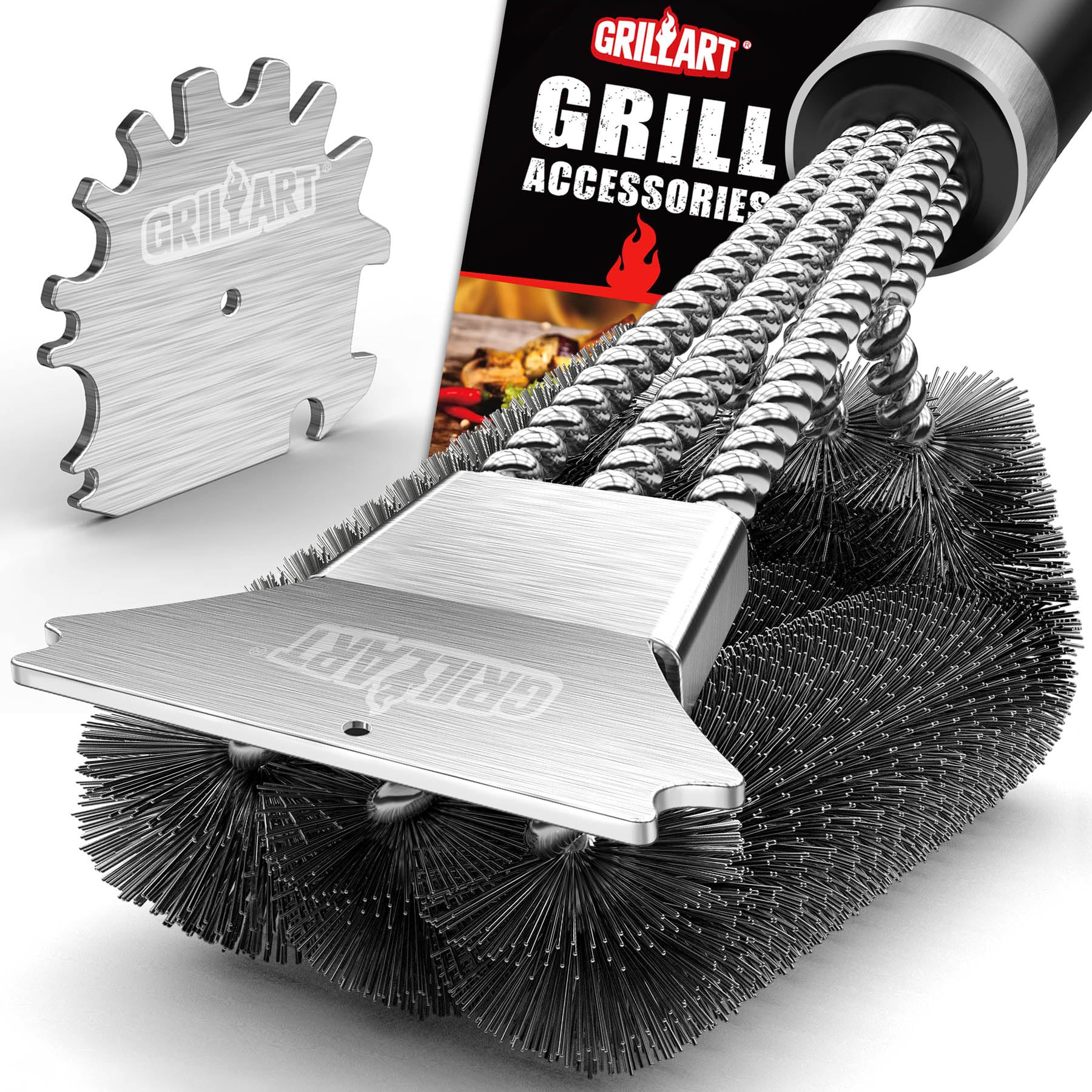 GRILLART cepillo frontal mostrando empaque y diseño robusto para limpieza eficiente