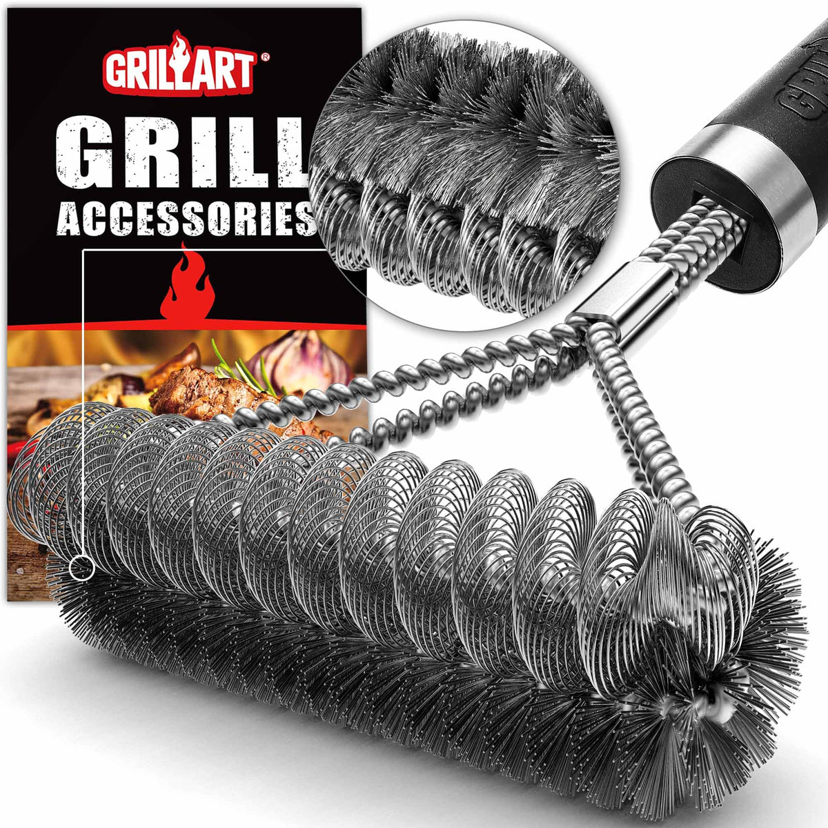 GRILLART cepillo de frente mostrando cabezal ancho beneficiando limpieza rápida
