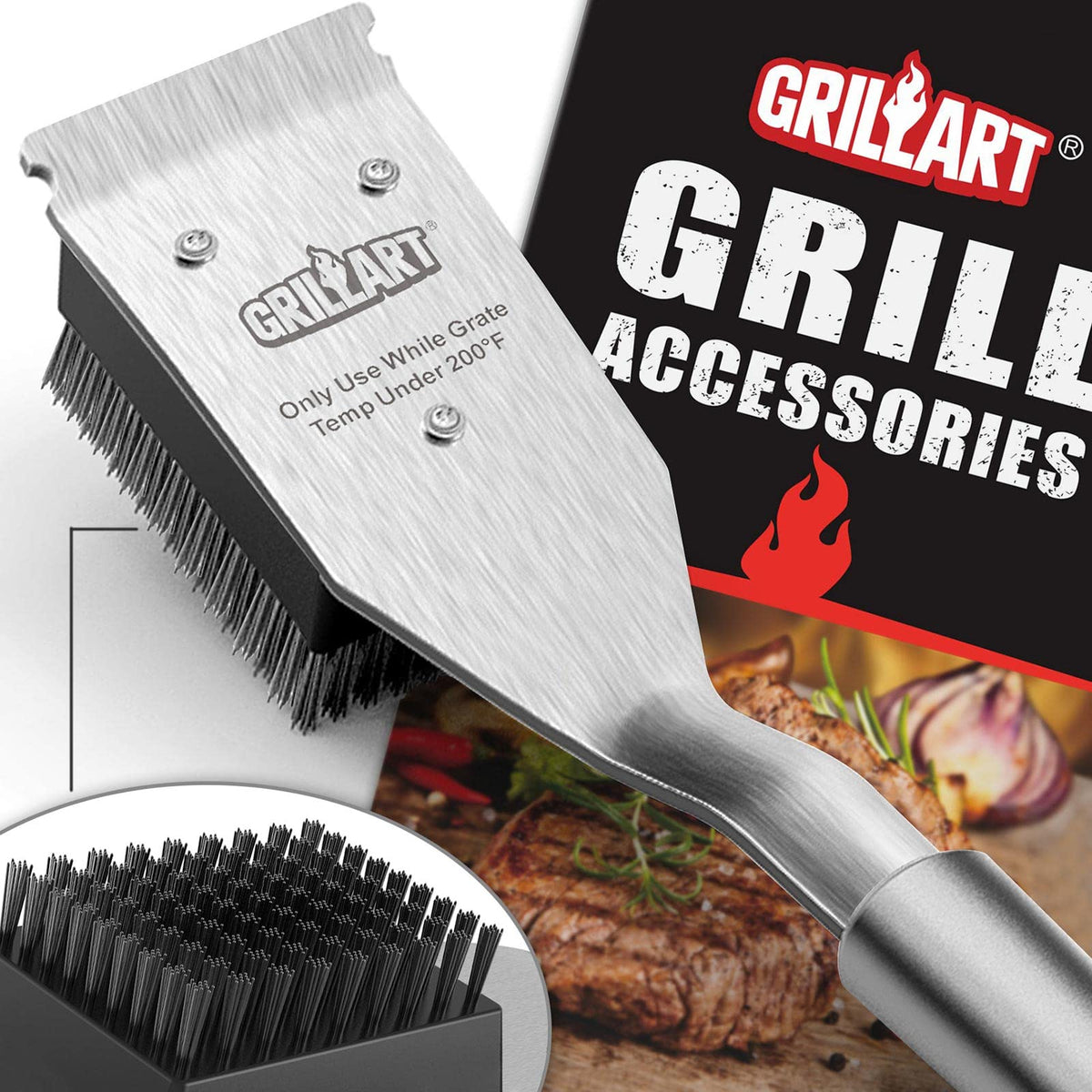 GRILLART vista frontal del cepillo mostrando el cabezal y rascador, limpieza eficiente