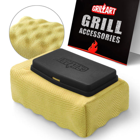 GRILLART detalle de textura de espuma resistente y beneficios de frotado