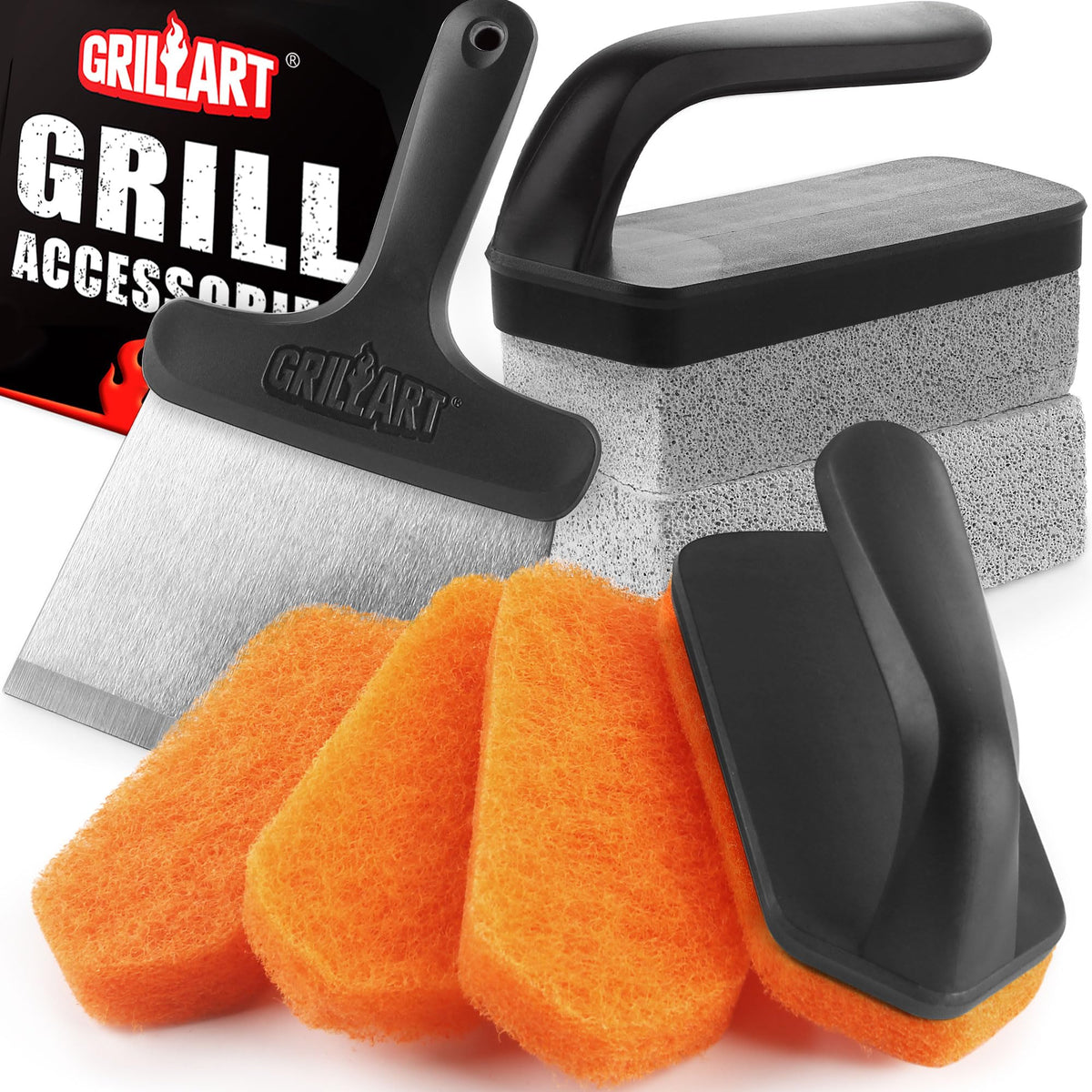 GRILLART kit frontal con empaques mostrando accesorios y beneficios de limpieza