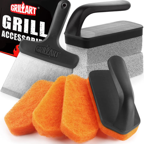 GRILLART kit frontal con empaques mostrando accesorios y beneficios de limpieza