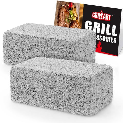 GRILLART piedra de limpieza frontal del paquete mostrando dos bloques y beneficio de limpieza profunda