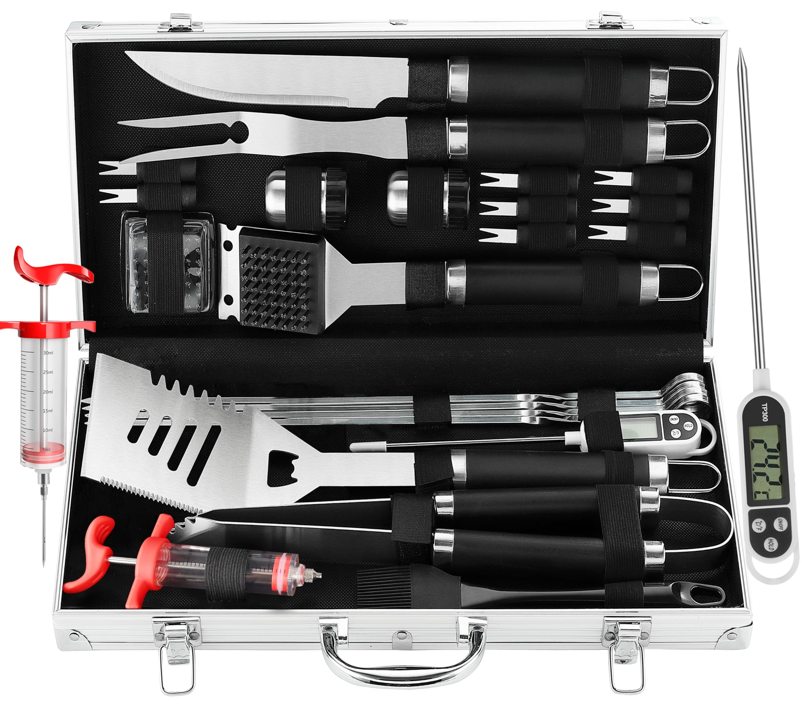 grilljoy estuche abierto mostrando todas las herramientas, ideal para transporte