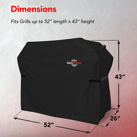 GrillTough funda 52" junto a una persona para referencia de tamaño, ajuste claro
