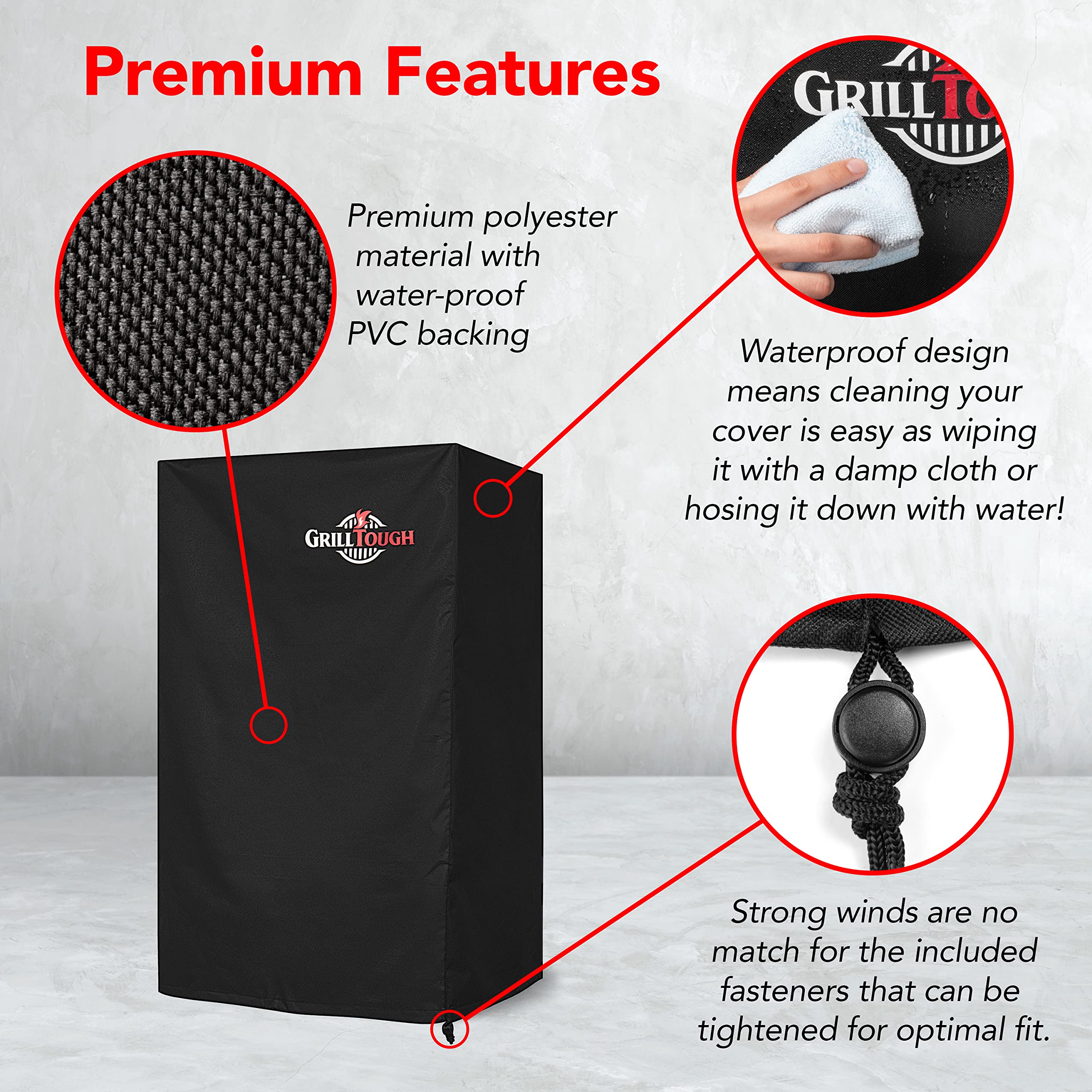 GrillTough correas ajustables asegurando la funda en viento