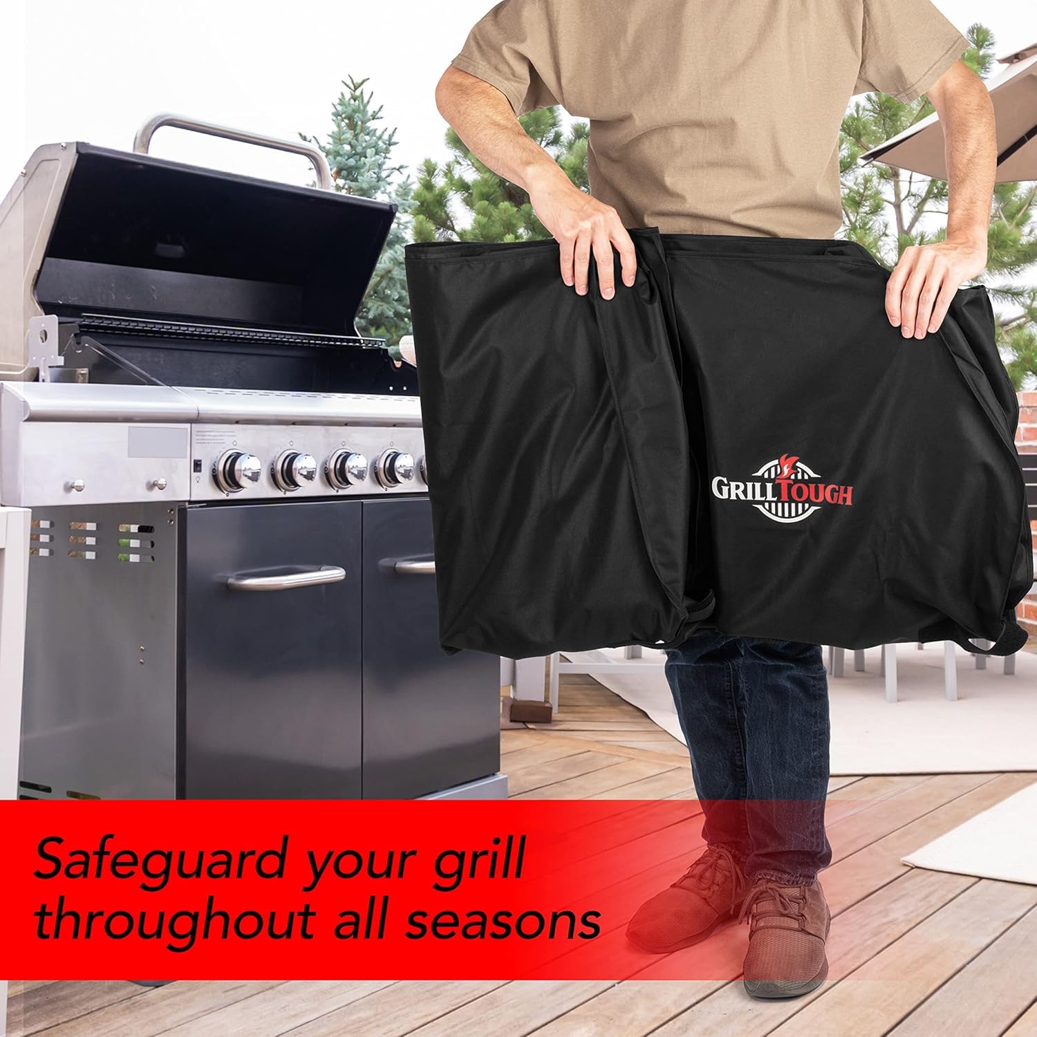 GrillTough etiqueta con dimensiones y cuidados para uso y mantenimiento