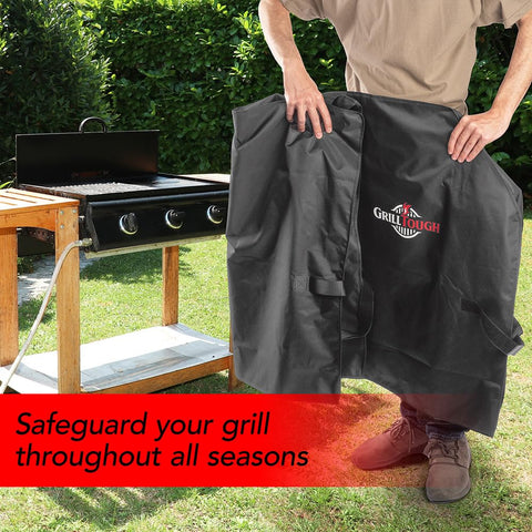GrillTough etiqueta con dimensiones y materiales resaltando durabilidad y fácil limpieza