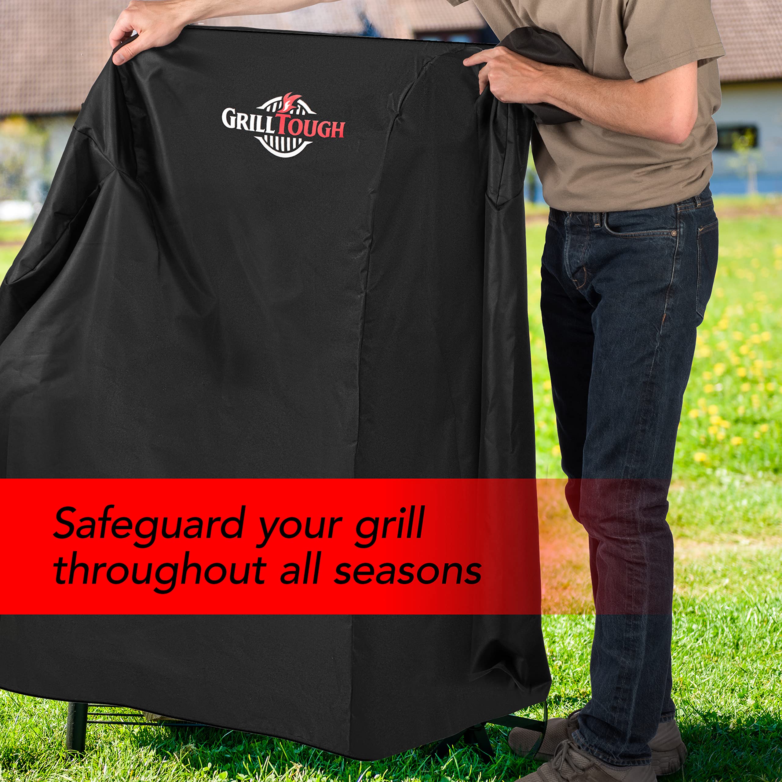GrillTough etiqueta con dimensiones claras y guía de compatibilidad
