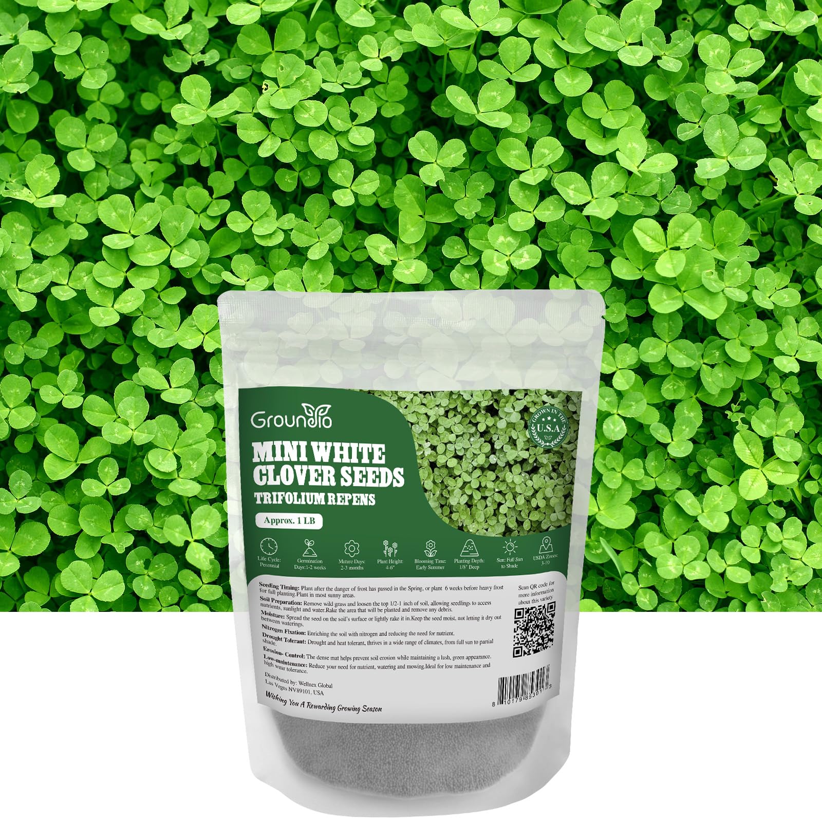 Groundio paquete frontal mostrando 1LB y beneficios de bajo mantenimiento