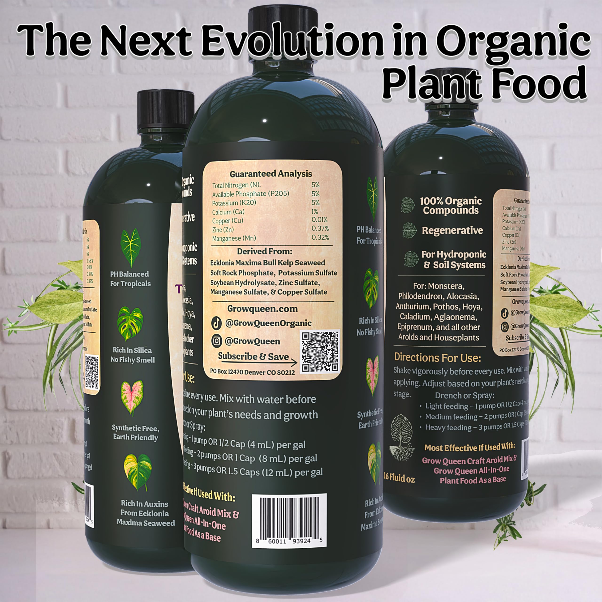 Grow Queen detalle de etiqueta con información NPK 5-5-5 y beneficios orgánicos