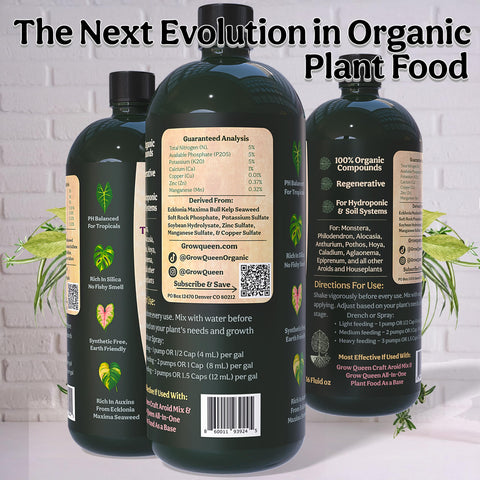 Grow Queen primer plano del rótulo que destaca NPK 5-5-5 y nutrientes