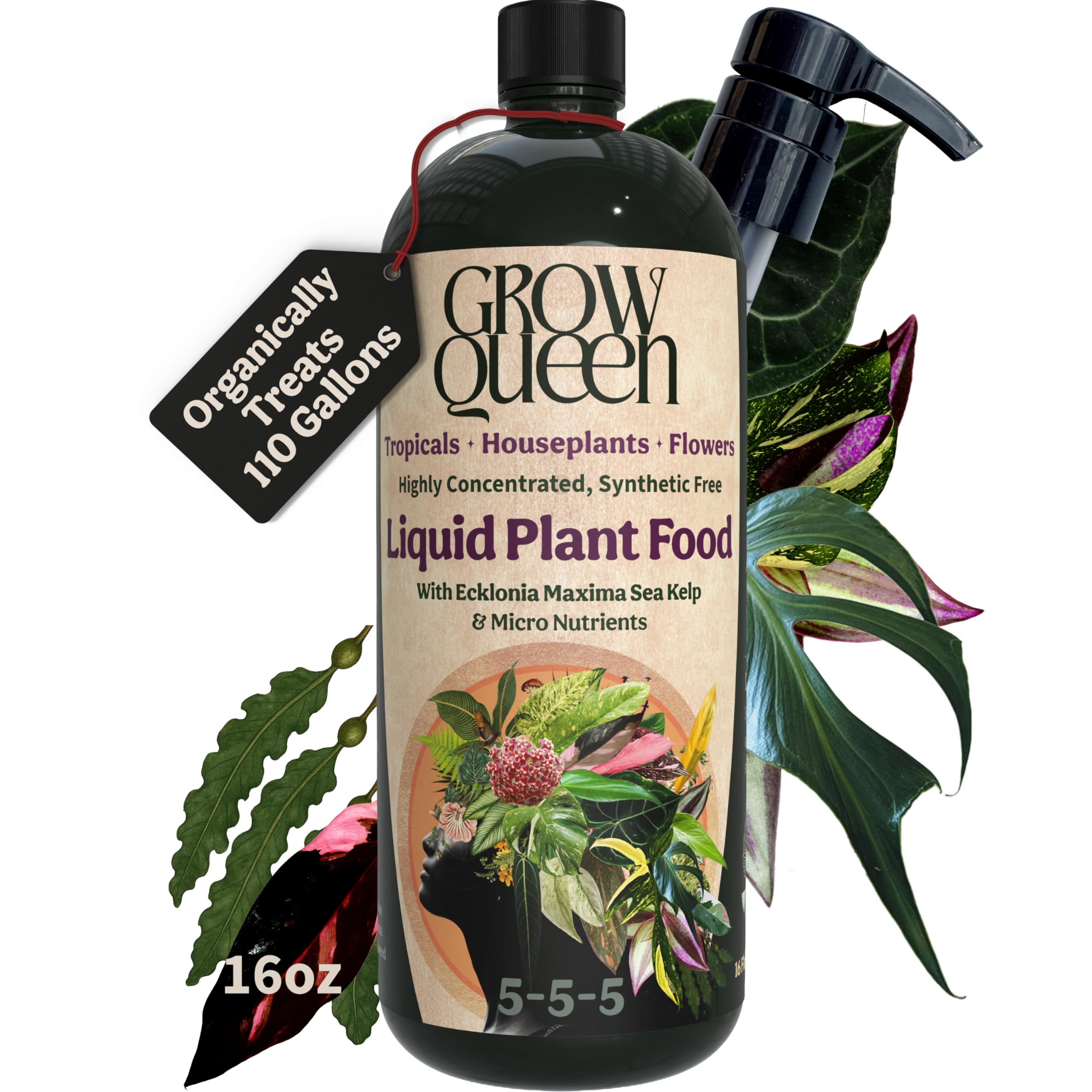 Grow Queen frasco frontal mostrando fórmula 5-5-5 y beneficio de alimentación completa