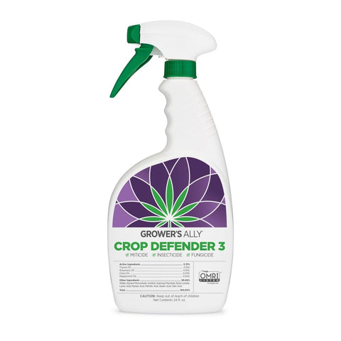 Grower's Ally frente del envase Crop Defender 3 mostrando 24 oz y beneficios orgánicos