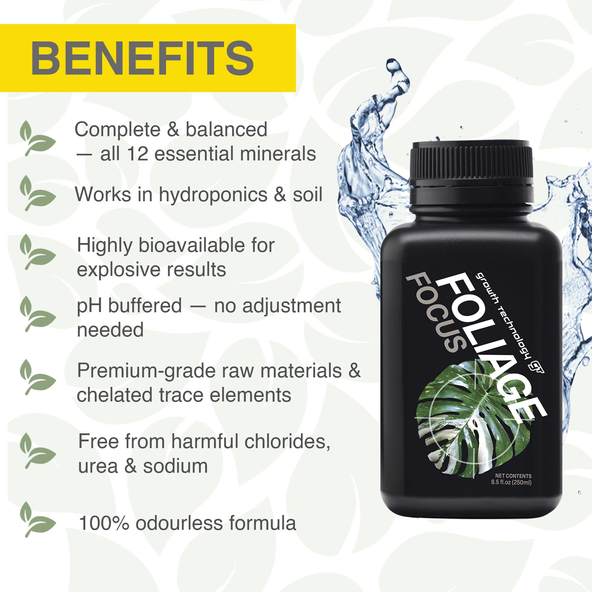 Growth Technology GT pulverizando en hojas de monstera para absorción foliar rápida