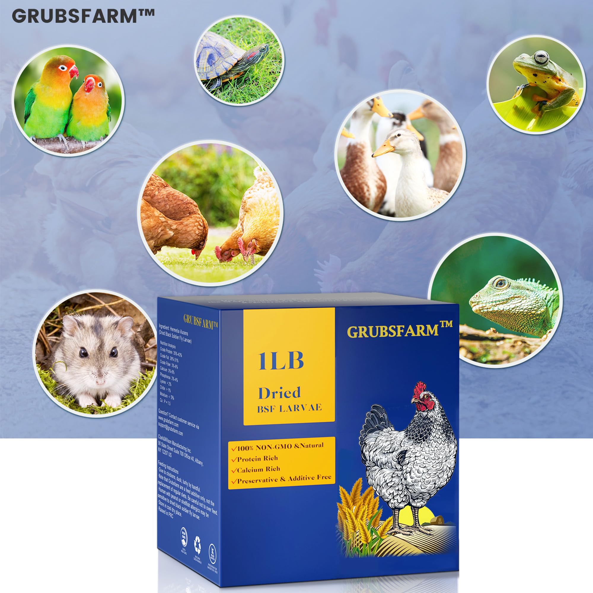 GRUBSFARM etiqueta nutricional con información de proteína y calcio