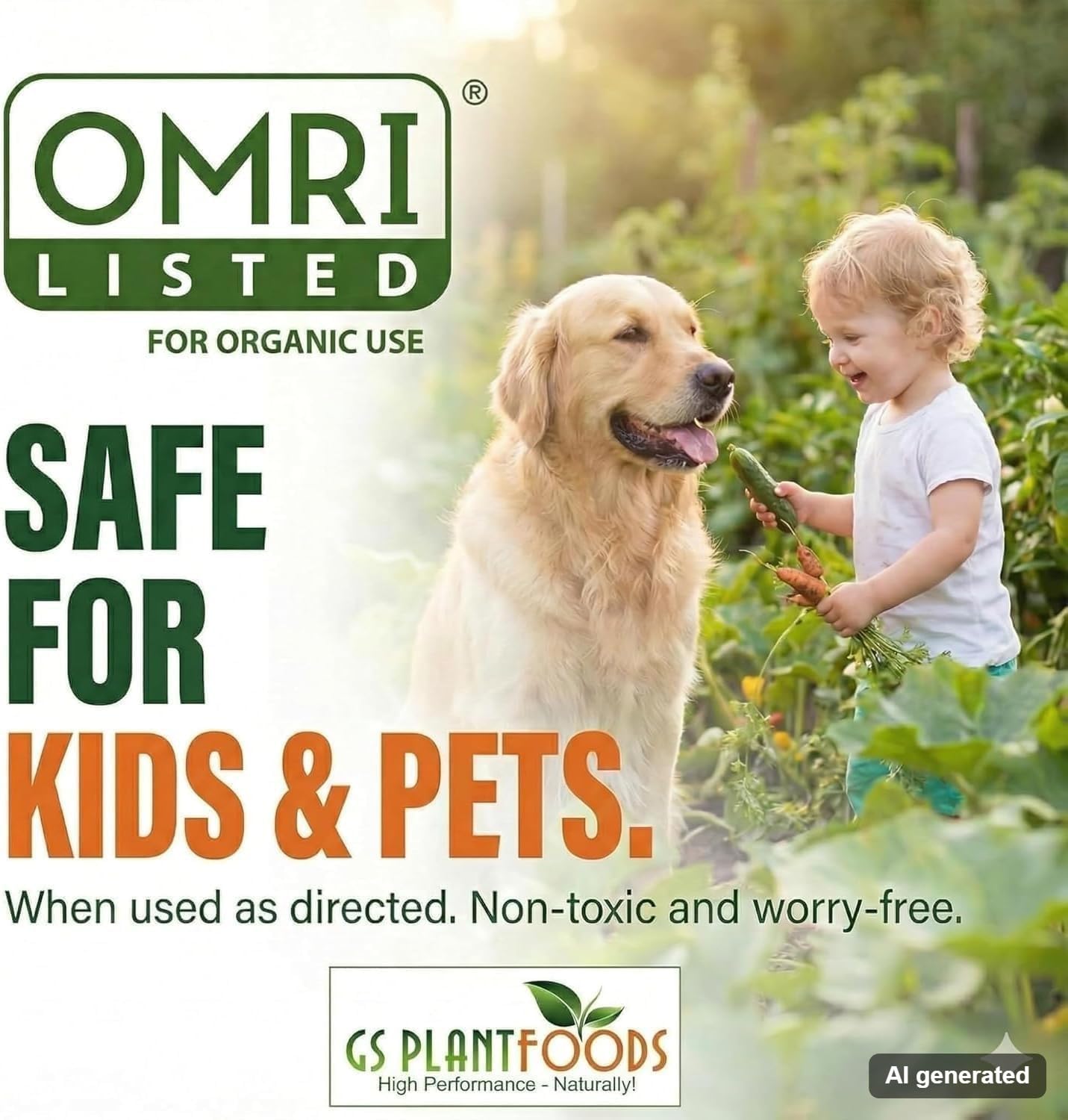 GS Plant Foods etiqueta OMRI visible para verificación de aptitud en cultivo orgánico