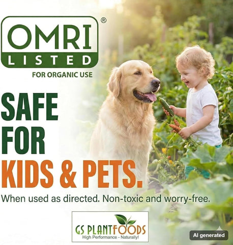 GS Plant Foods etiqueta OMRI visible para verificación de aptitud en cultivo orgánico