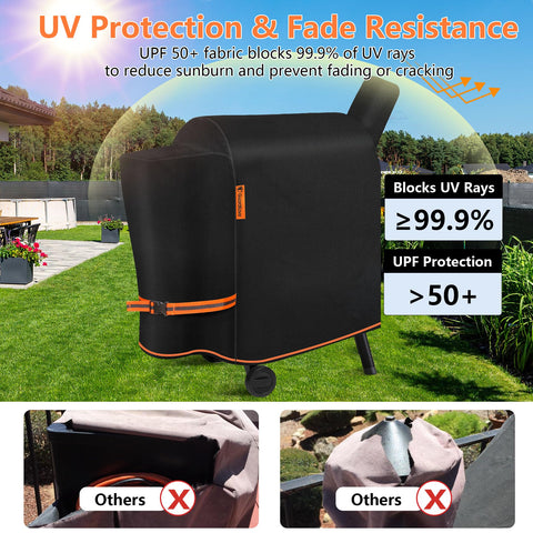 GuardKove funda en terraza sobre parrilla en uso, protección contra intemperie