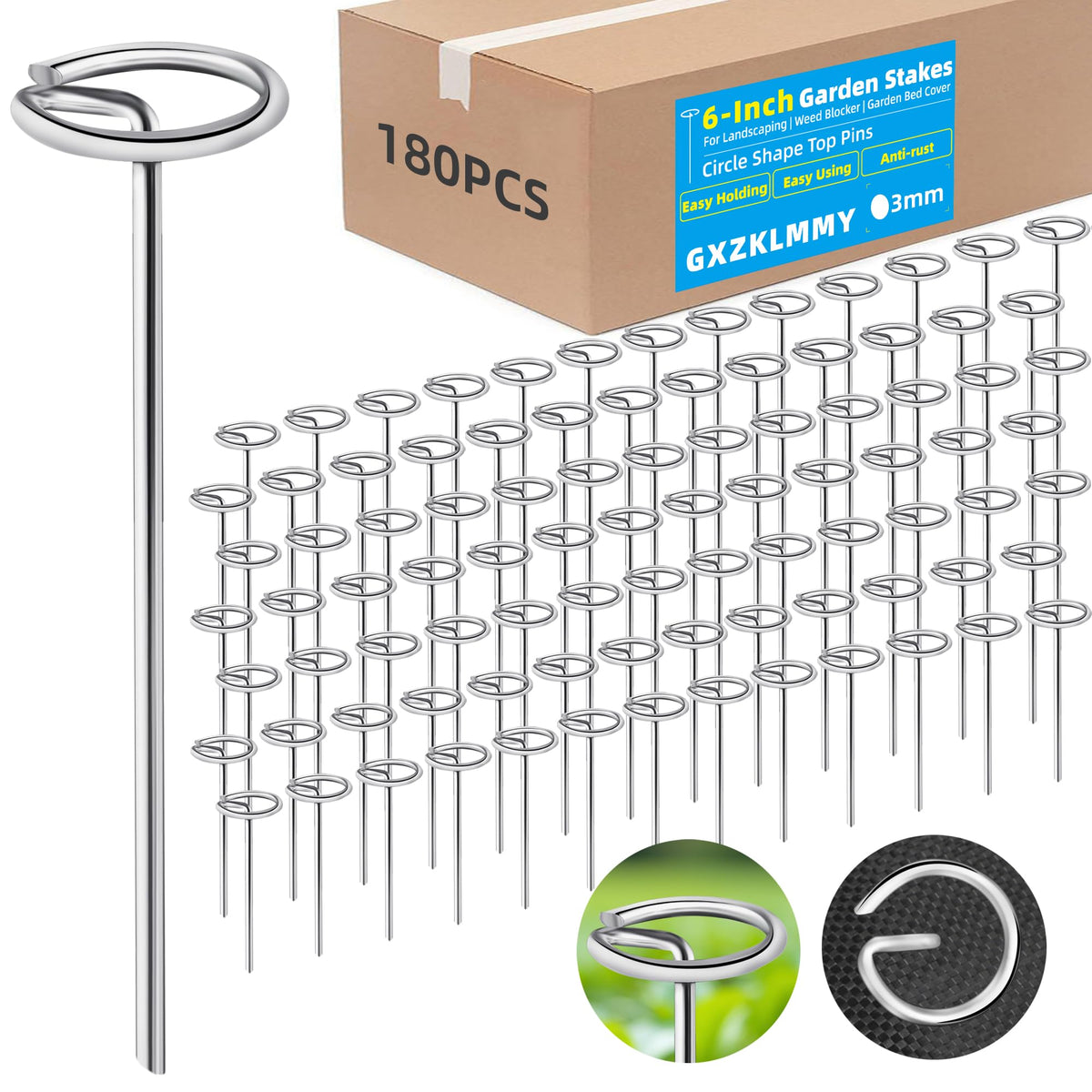 GXZKLMMY paquete frontal mostrando 180 estacas galvanizadas, ideal para proyectos grandes