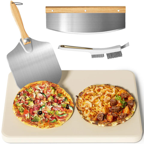 Gyreuni piedra para pizza frente del paquete mostrando tamaño y accesorios