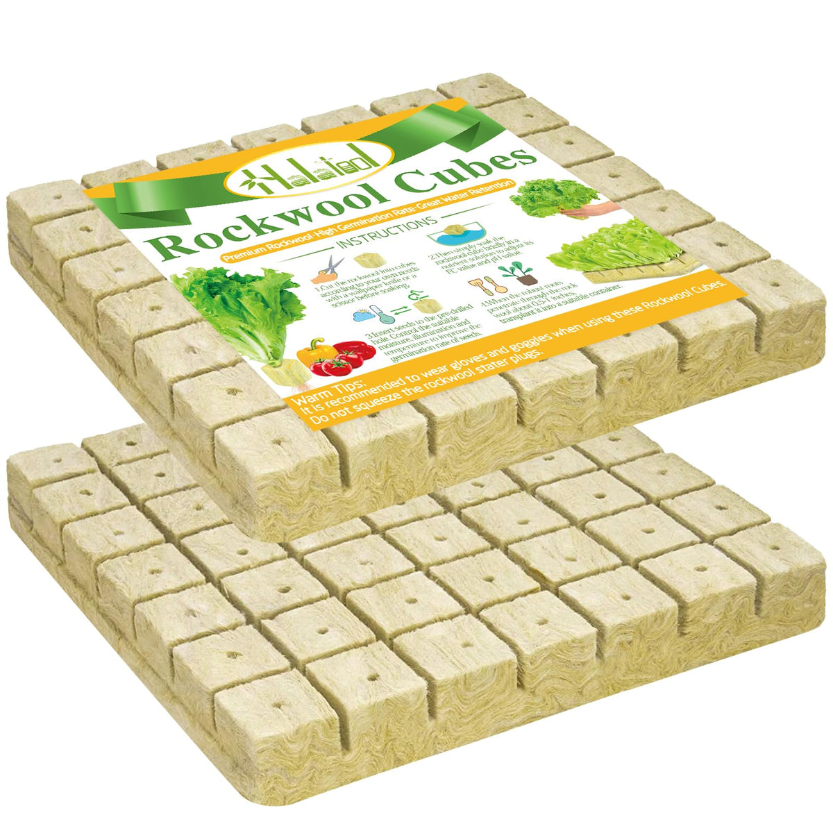 Halatool cubos rockwool frontal mostrando 98 plugs listos para usar