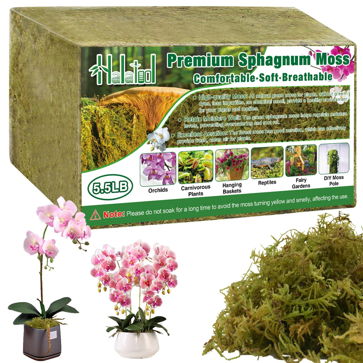 Halatool empaque frontal del musgo sphagnum verde mostrando el bloque compacto y beneficios de humedad
