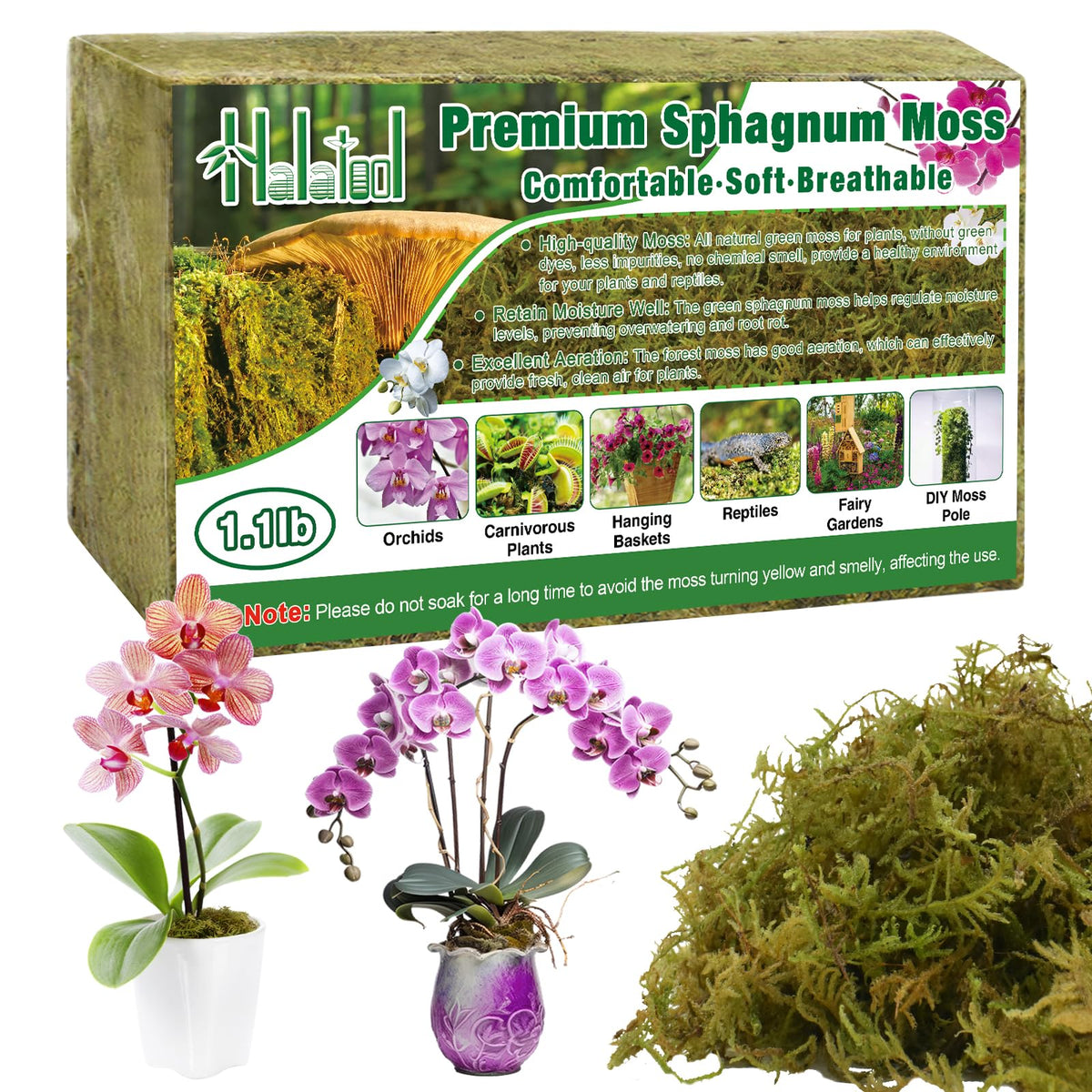 Halatool paquete frontal de musgo sphagnum mostrando tamaño y presentación, facilita almacenamiento