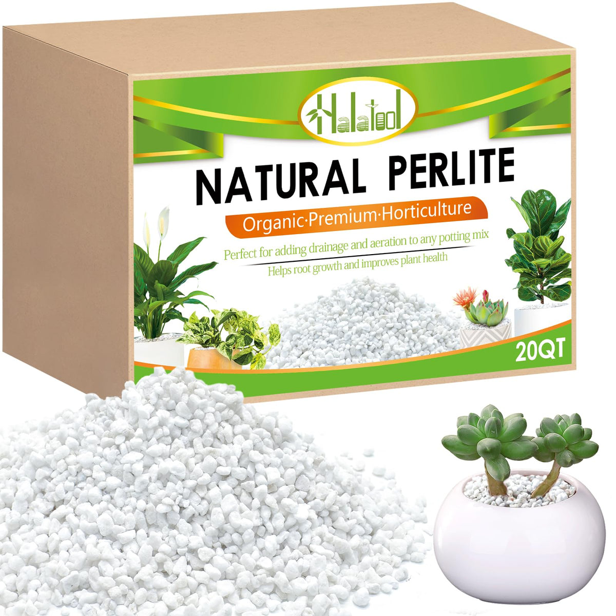 Halatool empaque frontal mostrando 20QT y sello resellable para almacenamiento