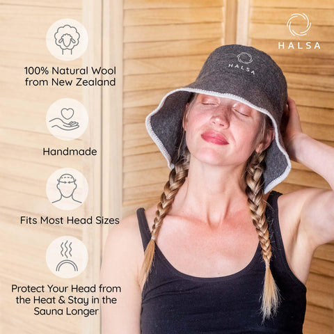 Halsa gorro sauna comparación de tamaño con una cabeza adulta