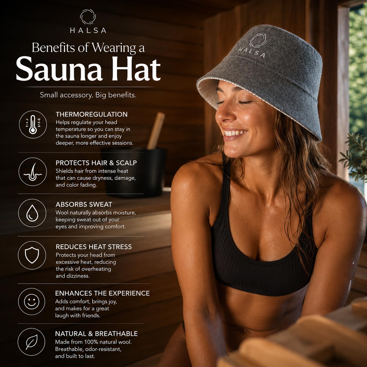 Halsa gorro sauna en uso en cabina para mayor comodidad
