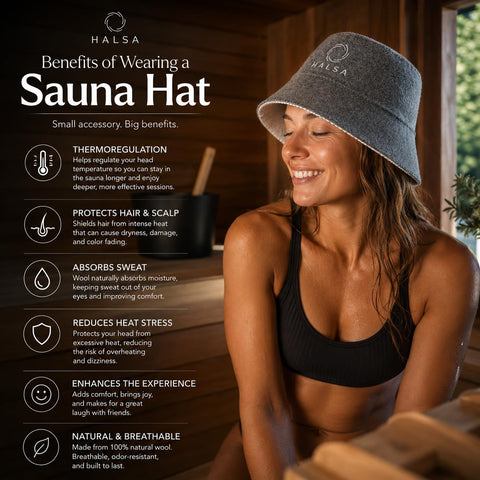 Halsa gorro sauna en uso en cabina para mayor comodidad