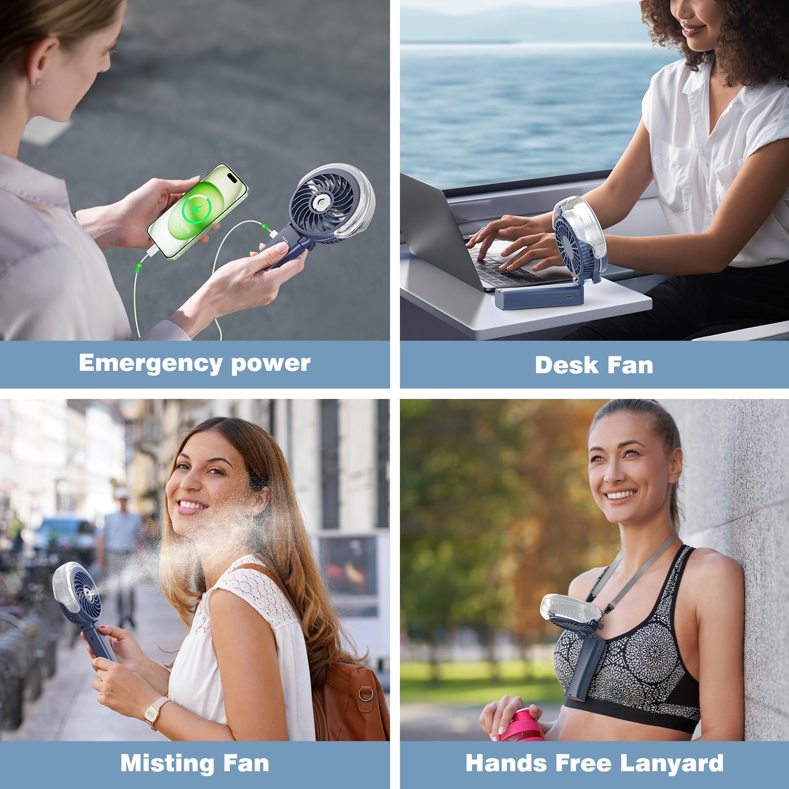 HandFan en escenario de playa junto a mochila para uso de viaje práctico