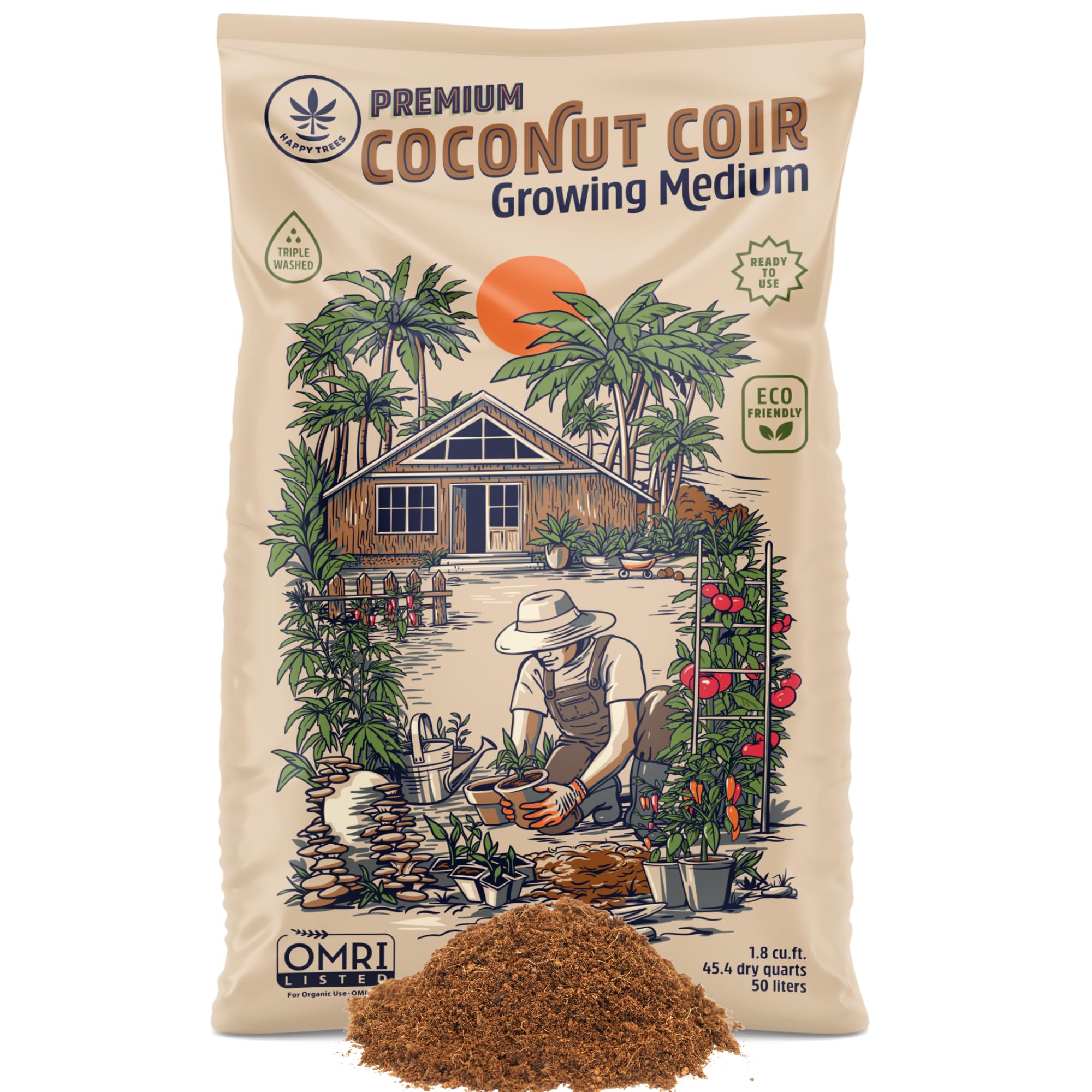 Happy Trees paqueta de fibra de coco 50L mostrando empaque y beneficio de fácil uso
