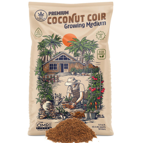 Happy Trees paqueta de fibra de coco 50L mostrando empaque y beneficio de fácil uso